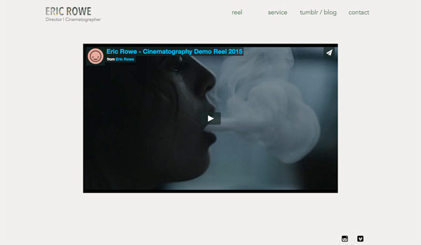 Screenshot of the portfolio website for cinematographer and director Eric Rowe.